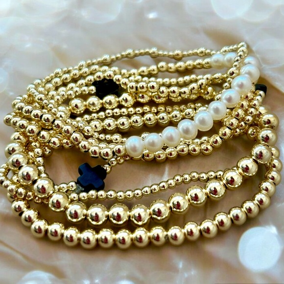 Stack 8 bracelets Holiday stretch black pearls gold handmade, any size, gemstone - Picture 3 of 8